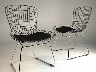Modern Black Wire Grid Backrest Chairs With Silver Metal Legs And Cushions 3d model