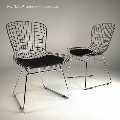 Modern Black Wire Grid Backrest Chairs With Silver Metal Legs And Cushions 3d model