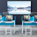 Modern Office Work Desks With Computers Blue White Design And Large Scenic Screen 3d model