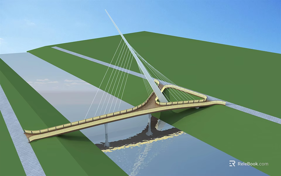 Modern Cable Stayed Bridge Design Over Water With Green Grass And Blue Sky 3d model