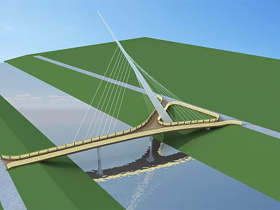 Modern Cable Stayed Bridge Design Over Water With Green Grass And Blue Sky 3d model