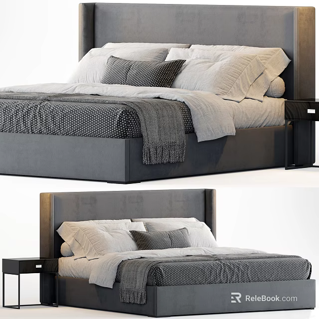 Modern Double Bed With Upholstered Headboard Pillows And Bedside Table 3d model