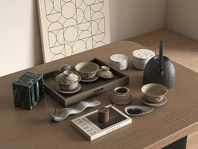 Modern Ceramic Tea Set with Teapot Cups Wooden Tray and Tea Caddy on Natural Tabletop 3d model