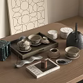 Modern Ceramic Tea Set with Teapot Cups Wooden Tray and Tea Caddy on Natural Tabletop