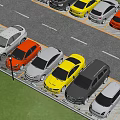 Colorful Cars Parked In Organized Rows At Urban Parking Lot With Grass Area