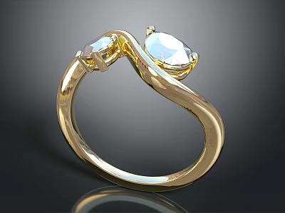 Elegant Gold Ring With Twisted Band And Two Shiny Diamonds For Women 3d model