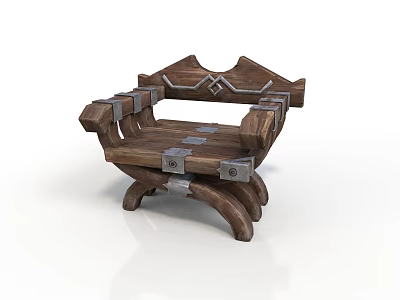 Medieval Style Wooden Chair With Metal Straps And Curved Legs Design 3d model