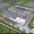 Modern Industrial Factory Building With Solar Panel Roof Green Landscaping Parking Lot And Parked Cars
