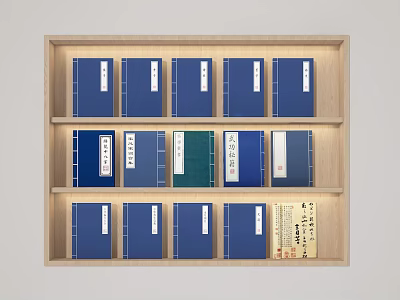 Neatly Arranged Blue Covered Books with Green Book and Yellow Label on Wooden Bookshelf 3d model