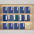 Neatly Arranged Blue Covered Books with Green Book and Yellow Label on Wooden Bookshelf