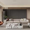 Modern Living Dining Room with Beige Sofa TV Wall Red Armchair and Marble Coffee Table