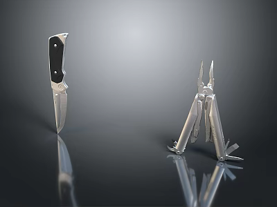 Weapon Display Featuring Black Handle Knife And Metallic Multi Tool On Smooth Reflective Surface 3d model