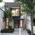 Modern Detached Villa Exterior With Black Vertical Cladding Large Windows Greenery Trees And Glass Doors