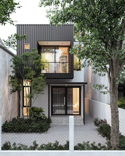Modern Detached Villa Exterior With Black Vertical Cladding Large Windows Greenery Trees And Glass Doors 3d model