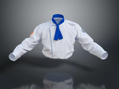 Professional White Chef Jacket With Blue Neckerchief Long Sleeves And Orange Left Sleeve Patch 3d model