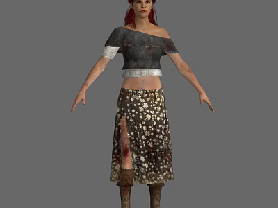 Red haired woman wearing off shoulder dark top white sleeves floral slit skirt brown boots 3d model
