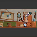 Cartoon Room Scene with Bunny at Desk Paper Globe Cabinet and Red Rug