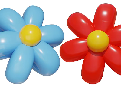 Blue And Red Flower Shaped Decorative Ornament Set With Round Petals And Yellow Centers 3d model