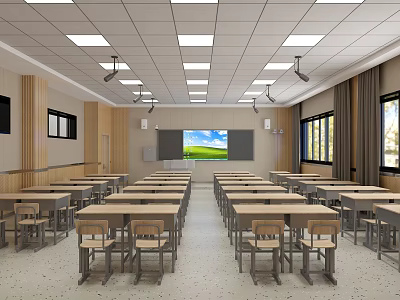 Bright School Classroom With Arranged Desks Chairs Front Blackboard Screen Windows And Ceiling Lights 3d model