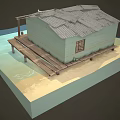 Rural Self Built House Standing On Water With Wooden Platform And Shabby Metal Tile Roof