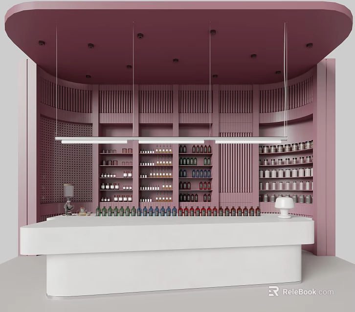 Pink Themed Retail Store Interior With Counter Shelves And Bottles 3d model 