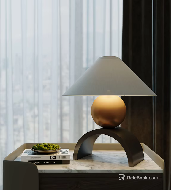 Modern Table Lamp with Arched Base Golden Spherical Body and Light Gray Lampshade on Desk 3d model 