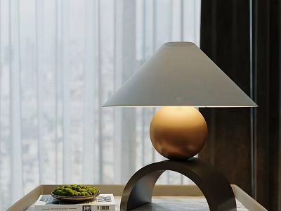 Modern Table Lamp with Arched Base Golden Spherical Body and Light Gray Lampshade on Desk 3d model