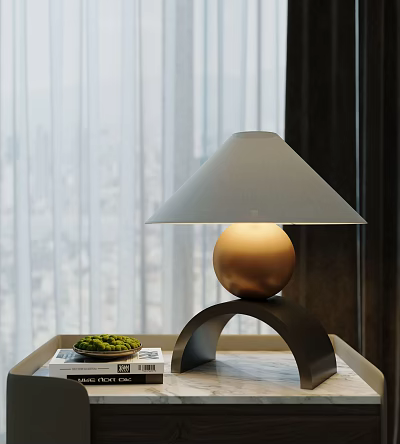 Modern Table Lamp with Arched Base Golden Spherical Body and Light Gray Lampshade on Desk 3d model