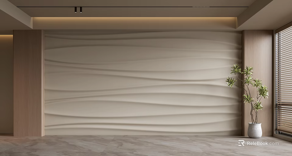 Modern Wavy Texture Accent Wall Design With Beige Tone And Potted Plant And Marble Floor 3d model 