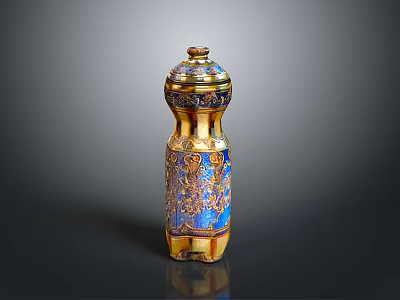 Elegant Ornamental Bottle Design With Blue And Gold Enamel Finish Intricate Patterns And Decorative Lid 3d model
