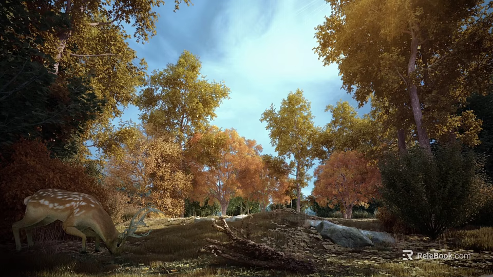 Scenic Autumn Forest with Golden Orange Trees Deer Grazing Under Blue Sky Fallen Leaves Rocks 3d model 