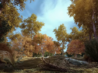 Scenic Autumn Forest with Golden Orange Trees Deer Grazing Under Blue Sky Fallen Leaves Rocks 3d model