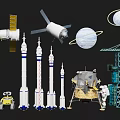 Astronauts And Robots In Space Exploration With Rockets Satellites Planets Lunar Module And Launch Tower 3d model