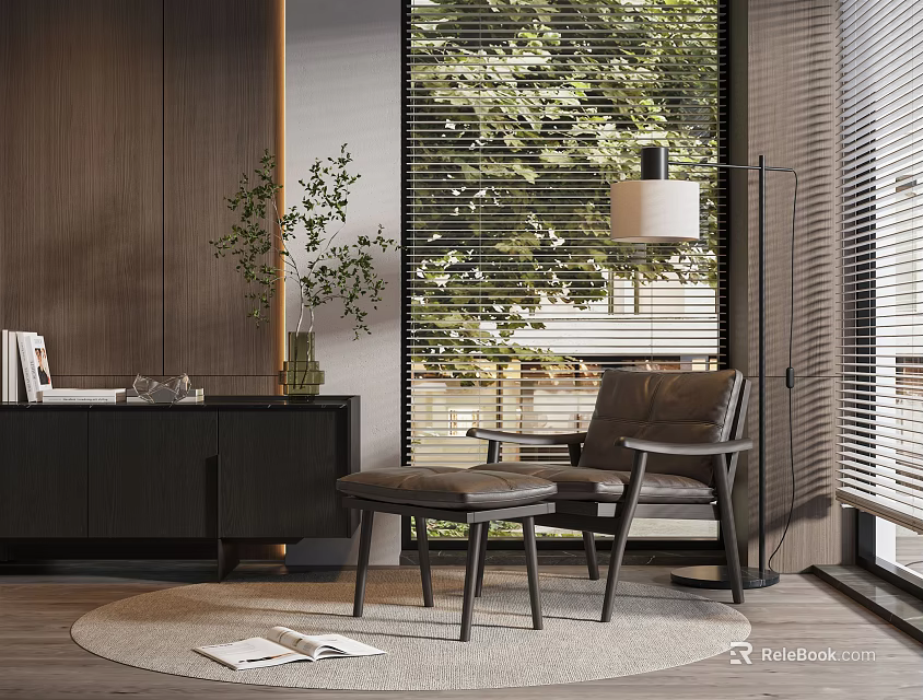 Brown Lounge Chair In Modern Interior With Ottoman Floor Lamp And Green Window View 3d model 