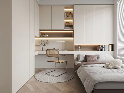 Modern Minimalist Tatami Bedroom Interior With Built-in Wall Cabinets Desk Area And Soft Lighting 3d model