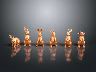 Six Copper Colored Rabbit Sculptures In Various Poses With Black Background Reflections 3d model