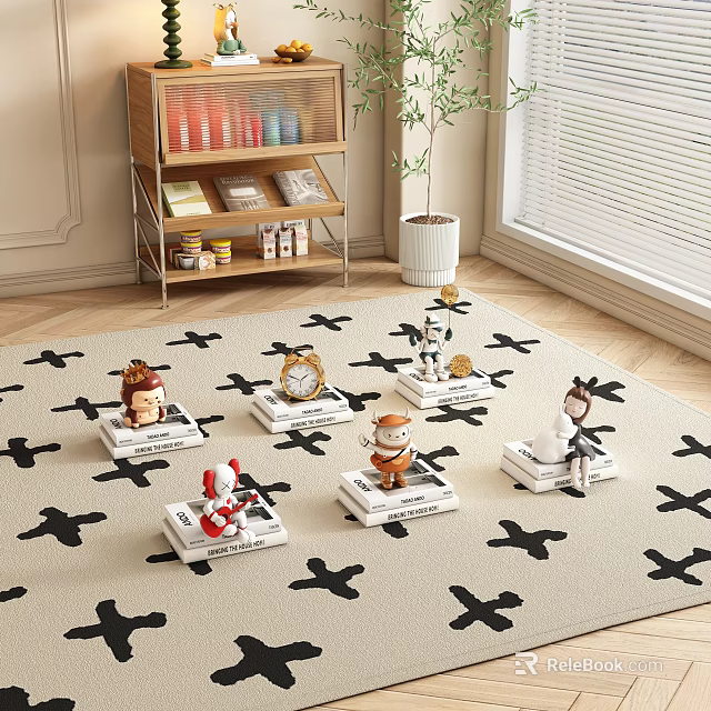 Cute Animal Figurines And Clock Characters Decorative Ornament Set On Carpet In Room Interior 3d model 