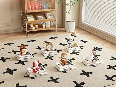 Cute Animal Figurines And Clock Characters Decorative Ornament Set On Carpet In Room Interior 3d model