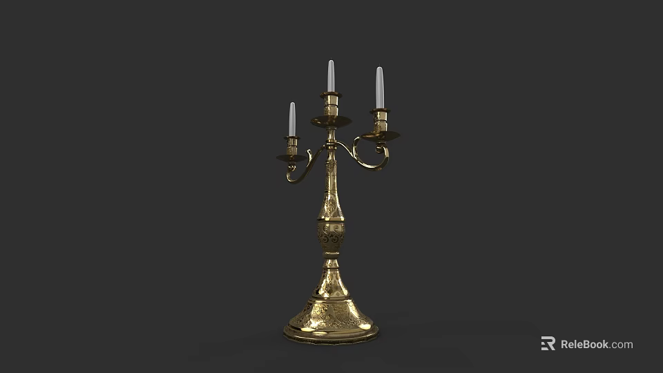 Vintage Golden Candelabra With Three Candle Holders And Carved Base Design 3d model 