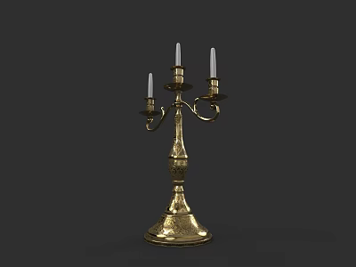 Vintage Golden Candelabra With Three Candle Holders And Carved Base Design 3d model