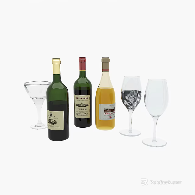 Three Different Wine Bottles And Various Glasses Arranged On White Background 3d model 