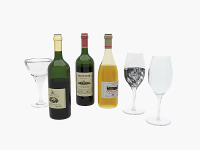 Three Different Wine Bottles And Various Glasses Arranged On White Background 3d model