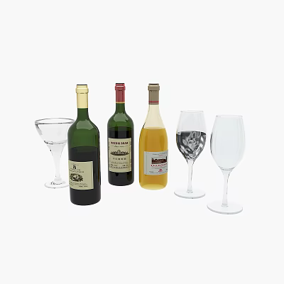 Three Different Wine Bottles And Various Glasses Arranged On White Background 3d model