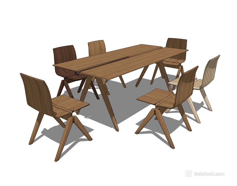 Modern Natural Wood Dining Table Set With Six Simple Design Chairs 3d model