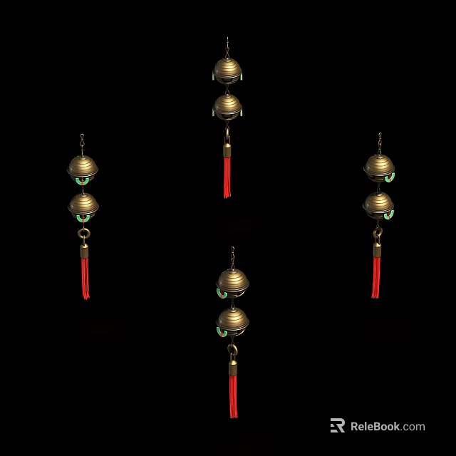 Traditional Decorative Hanging Ornaments With Brass Bells And Red Tassels For Home Decor 3d model 