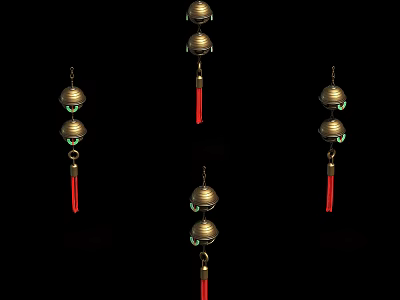 Traditional Decorative Hanging Ornaments With Brass Bells And Red Tassels For Home Decor 3d model