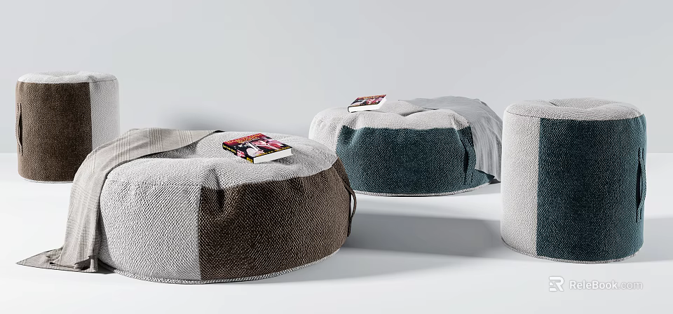 Soft Textured Fabric Ottoman Poufs In Gray Brown Teal With Books For Living Room 3d model 