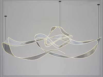 Modern Abstract Chandelier Featuring Curved Metallic Lines Illuminated In Contemporary Interior 3d model