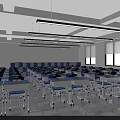 Spacious Bright Classroom With Neatly Arranged Blue Silver Desk Chair Set
