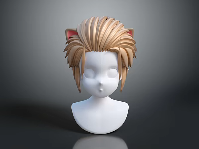 Detailed 3D Head Model With Cat Ears Blonde Fluffy Layered Hair And Facial Features 3d model